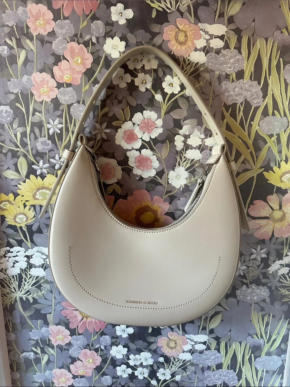Charles & Keith Cream Crescent Shoulder Bag with Curved Silhouette